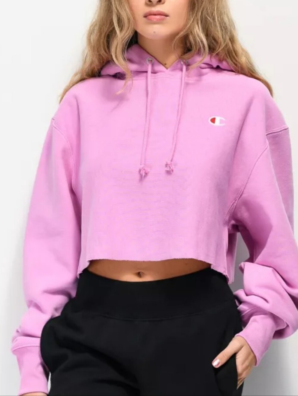 Champion Cropped Hoodie Sweatshirt Reverse Weave Pullover Lilac Pink Sporty SM